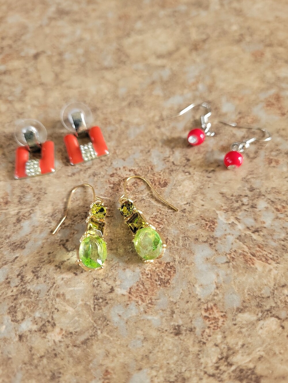 Three Multicolor Dangle Drop and Stud Earrings